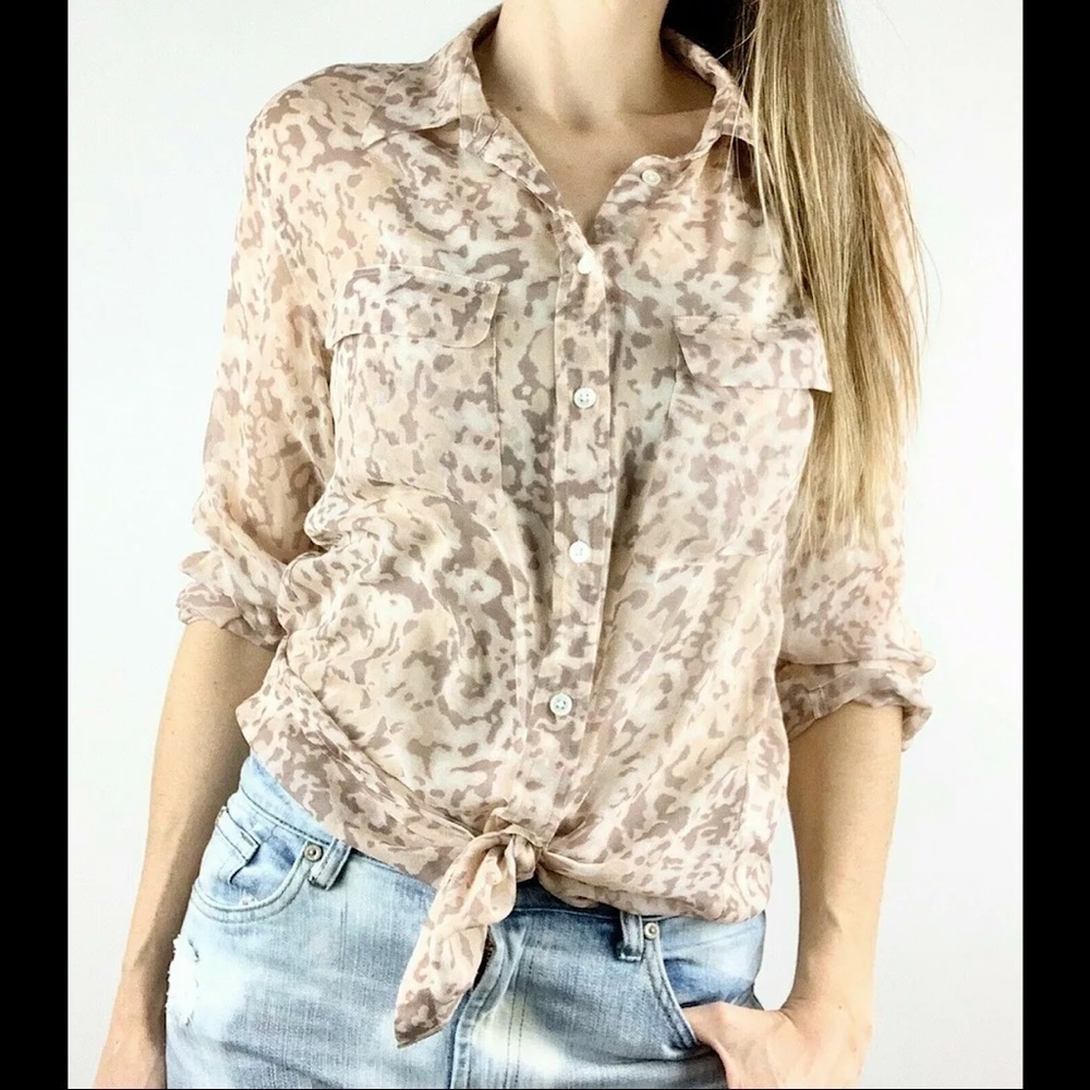 Equipment Sheer Pink Green Leopard Print Silk Top